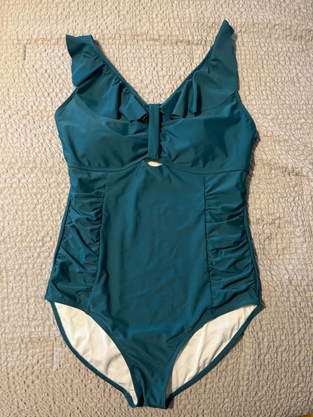 BloomChic Teal Ruffle One-Piece V- Neck Ruched Tummy Control Swimsuit 14/16